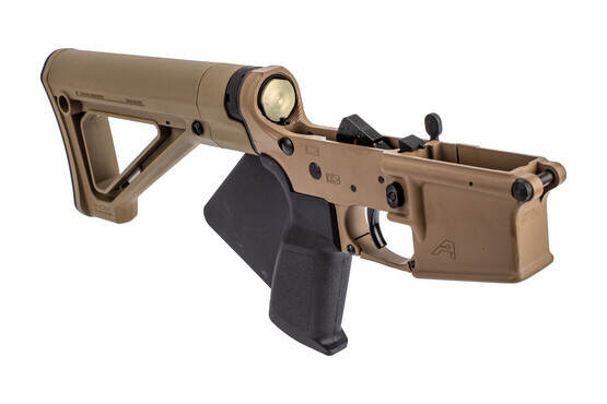 Aero Precision featureless complete lower receiver with Magpul fixed stock and FDE Cerakote finish